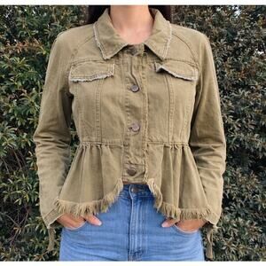 Free People Willow Cotton Denim Khaki Ruffled Jacket Women’s XS